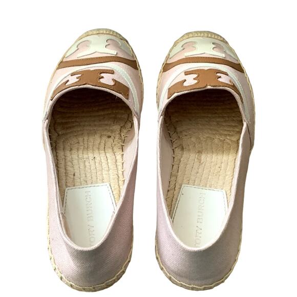 Tory Buch Poppy Canvas Patent Espadrille Flats in Pink/White/Brown - Picture 3 of 9